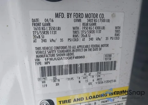 2016 Ford Expedition Limited z USA, uszkodzony, nr VIN 1FMJU2AT0GEF48960